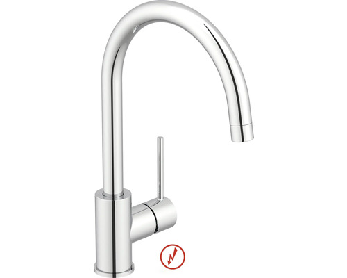 Mitigeur de cuisine basse pression avec bec haut courbé et levier latéral en métal chromé.