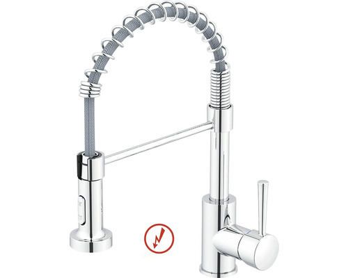 Mitigeur de cuisine en chrome avec bec flexible, ressort hélicoïdal et douchette extractible, adapté pour basse pression.