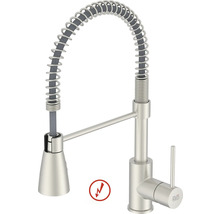 Profi-Küchenarmatur mit Spiralfeder, Einhebelmischer und Eignung für Niederdruck. KEO Logo.