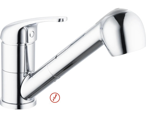 Robinet basse pression SERIES avec pommeau de douche IMAI chrome brillant Mitigeur de cuisine monocommande avec douchette extractible en chrome, adapté pour basse pression.
