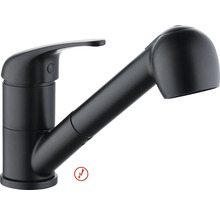 Mitigeur de cuisine noir mat avec douchette extractible, adapté pour basse pression.