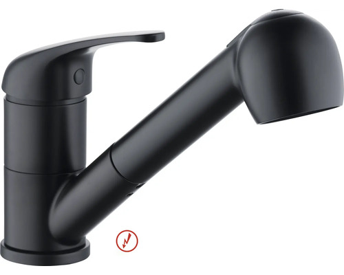 Mitigeur de cuisine noir mat avec douchette extractible, adapté pour basse pression.