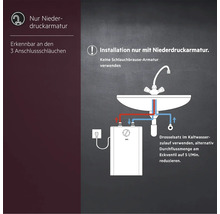 Installationsschema für AEG Kleinspeicher mit Niederdruckarmatur und drei Anschlussschläuchen.