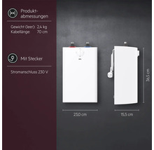 AEG Kleindurchlauferhitzer: 36,5 Zentimeter hoch, 23 Zentimeter breit. Inklusive 230 Volt Stecker, 70 Zentimeter Kabel und 2,4 Kilogramm Gewicht.