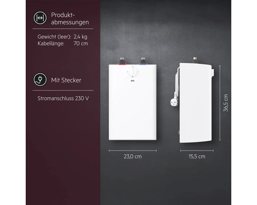 AEG Kleindurchlauferhitzer: 36,5 Zentimeter hoch, 23 Zentimeter breit. Inklusive 230 Volt Stecker, 70 Zentimeter Kabel und 2,4 Kilogramm Gewicht.