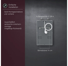 Rückansicht eines Untertisch-Durchlauferhitzers mit Montageschiene, Bohrabstand 14 Zentimeter und Außengewinde G 3/8 A.