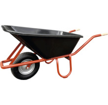 Brouette avec bac en plastique noir, châssis métallique orange et une roue.