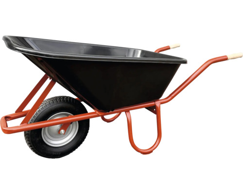 Brouette avec bac en plastique noir, châssis métallique orange et une roue.