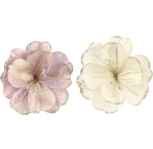 Lot de deux fleurs décoratives artificielles de couleur lilas et crème avec bords scintillants et étamines.