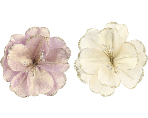 Lot de deux fleurs décoratives artificielles de couleur lilas et crème avec bords scintillants et étamines.