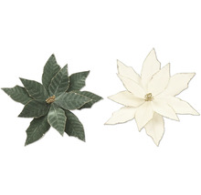 Deux étoiles de Noël artificielles en vert foncé et blanc crème avec des bords pailletés pour la décoration de Noël.