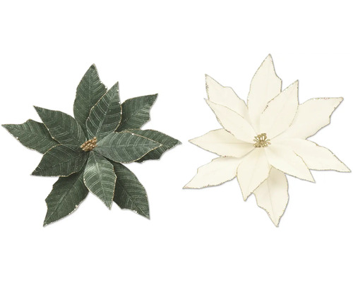 Deux étoiles de Noël artificielles en vert foncé et blanc crème avec des bords pailletés pour la décoration de Noël.