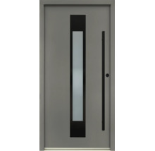 Porte d'entrée grise moderne avec vitrage vertical et poignée de tirage noire.