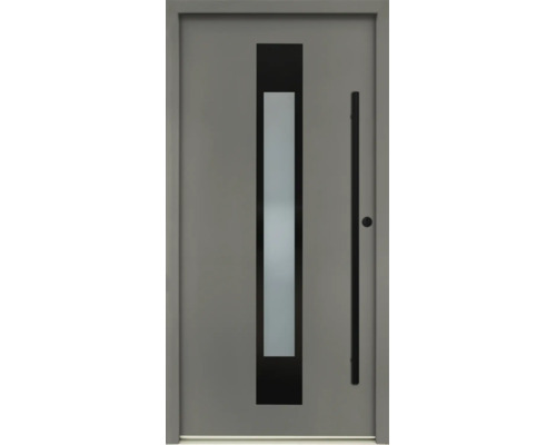 Porte d'entrée grise moderne avec vitrage vertical et poignée de tirage noire.