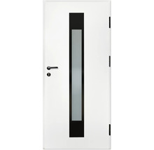 Porte d'intérieur blanche avec découpe vitrée verticale, verre dépoli et garniture noire.
