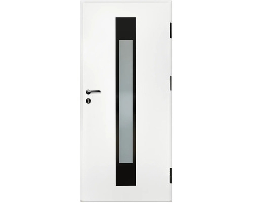 Porte d'intérieur blanche avec découpe vitrée verticale, verre dépoli et garniture noire.