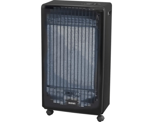 Poêle à gaz mobile Rowi noir avec grille de protection et roulettes pivotantes.