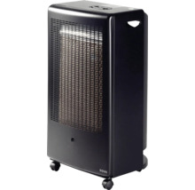 Chauffage à gaz Rowi noir avec grille frontale et roulettes.