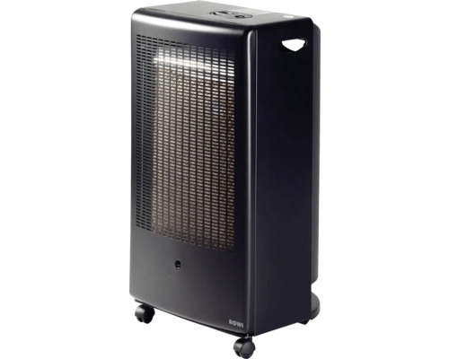 Chauffage à gaz Rowi noir avec grille frontale et roulettes.