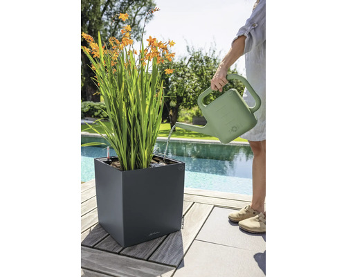 Une personne arrose une plante dans un bac à fleurs carré gris foncé avec un arrosoir vert sur une terrasse au bord d une piscine.