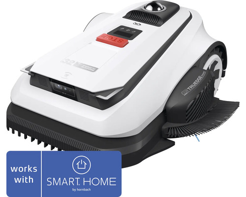 Robot tondeuse avec coupe-bordures et capteur caméra, SMART HOME by hornbach Logo.