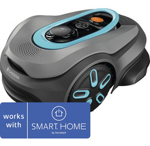 Mähroboter in Grau und Schwarz, Gardena Logo, kompatibel mit Smart Home by Hornbach.