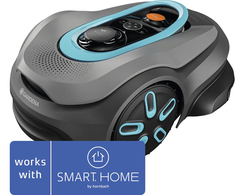Tondeuse robot en gris et noir, Logo Gardena, compatible avec Smart Home by Hornbach.