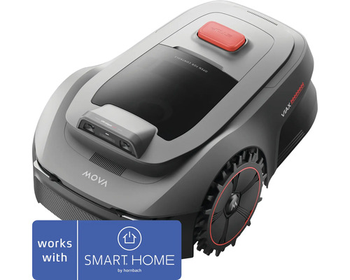 Robot tondeuse Mova Viax avec capteurs UltraEyes et bouton d arrêt rouge, compatible avec Smart Home by Hornbach.