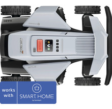 Robot tondeuse Segway Navimow vue de dessus avec écran et bouton stop, compatible avec SMART HOME by hornbach.