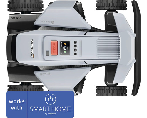 Robot tondeuse Segway Navimow vue de dessus avec écran et bouton stop, compatible avec SMART HOME by hornbach.