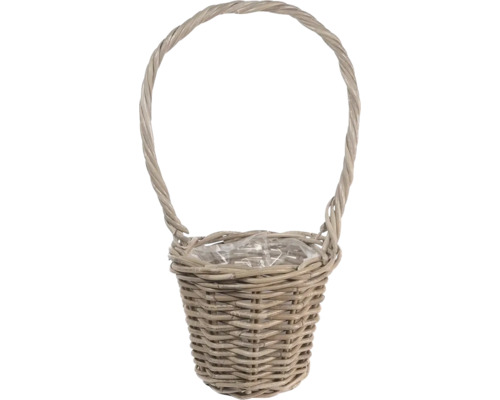 Panier à plantes tressé en osier avec haute anse et insert en plastique.