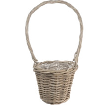 Panier à plantes tressé en osier avec haute anse et insert en plastique.