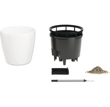 Kit de bac à fleurs blanc avec arrosage automatique, pot extérieur, insert, indicateur de niveau d'eau et substrat.