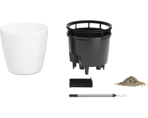 Kit de bac à fleurs blanc avec arrosage automatique, pot extérieur, insert, indicateur de niveau d'eau et substrat.