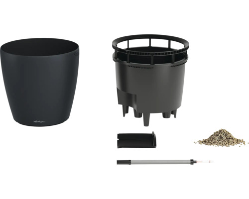 Kit complet pot de fleurs Lechuza avec bac, système d'arrosage, insert de plantation et substrat.