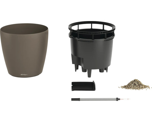 Ensemble de pot de fleurs avec pot, bac de plantation, système d'irrigation et substrat.