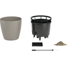 Pot de fleurs rond en plastique avec système d'arrosage, bac de plantation amovible, indicateur de niveau d'eau et substrat.