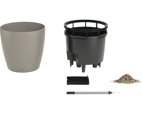 Pot de fleurs rond en plastique avec système d'arrosage, bac de plantation amovible, indicateur de niveau d'eau et substrat.