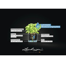Infografik zum Lechuza Aqua Bewässerungssystem im Querschnitt mit Wasserstandsanzeiger, Growpot, Wasserspeicher, Einfüllschacht und Stick. Lechuza Logo.