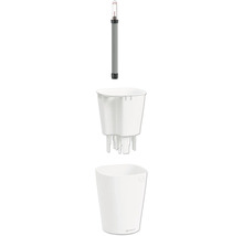 Système d'arrosage Lechuza en trois parties avec pot blanc, bac de plantation avec mèche et indicateur de niveau d'eau.