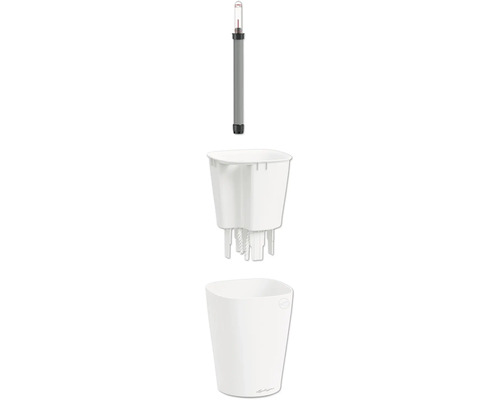 Système d'arrosage Lechuza en trois parties avec pot blanc, bac de plantation avec mèche et indicateur de niveau d'eau.