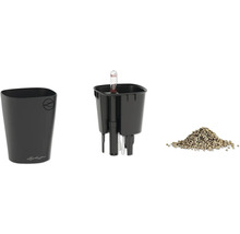 Jardinière Lechuza avec système d'arrosage, bac d'arrosage, indicateur de niveau d'eau et substrat.