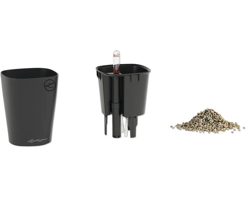 Jardinière Lechuza avec système d'arrosage, bac d'arrosage, indicateur de niveau d'eau et substrat.