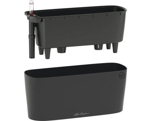 Jardinière Lechuza noire en plastique avec système d'arrosage, bac d'insertion, indicateur de niveau d'eau et Lechuza Logo.