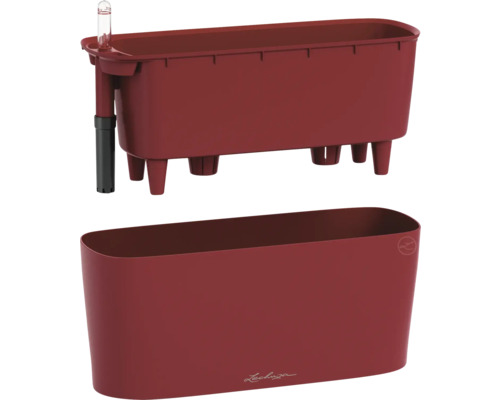 Jardinière rectangulaire rouge Lechuza en plastique avec bac de plantation amovible et système d'arrosage avec indicateur de niveau d'eau.