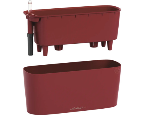Système d'arrosage automatique Lechuza rouge foncé en plastique avec bac de plantation, indicateur de niveau d'eau et pot.
