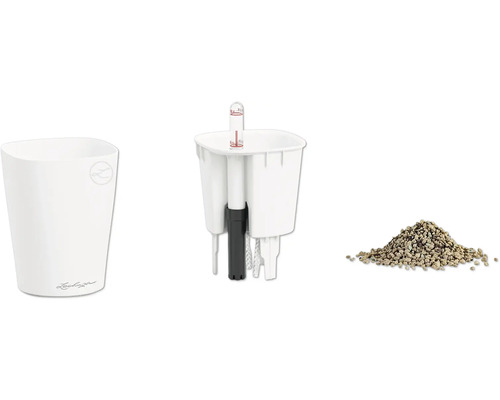 Kit de plantation Lechuza avec pot extérieur, bac d'arrosage, indicateur de niveau d'eau et substrat pour plantes.