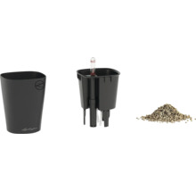 Kit de jardinière Lechuza comprenant un pot extérieur, un insert avec système d'irrigation à mèche, un indicateur de niveau d'eau et du substrat.
