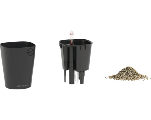 Kit de jardinière Lechuza comprenant un pot extérieur, un insert avec système d'irrigation à mèche, un indicateur de niveau d'eau et du substrat.