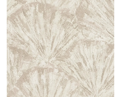 Papier peint intissé avec motif de feuilles en éventail et surface structurée.